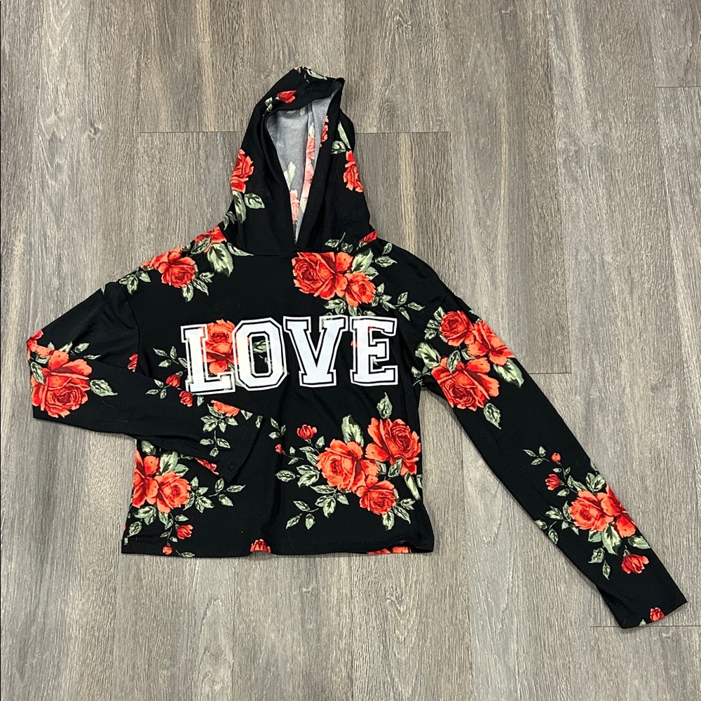 Discreet Black Hoodie with Red Floral and Love Print